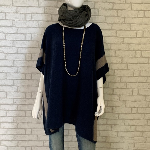 Kinross Sweaters - Kinross 100% Cashmere navy/gray poncho - OS